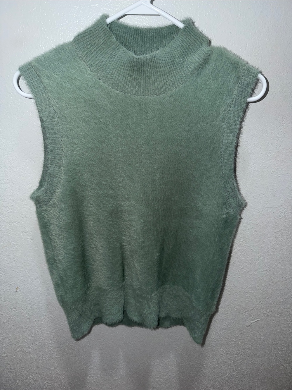 Sleeveless Mock Neck Fuzzy Knit Top in Sage Green